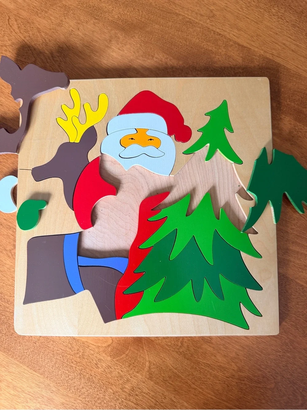 Wooden Santa and Shapes Puzzle Set - Red, Green, Yellow - Handmade, Vintage